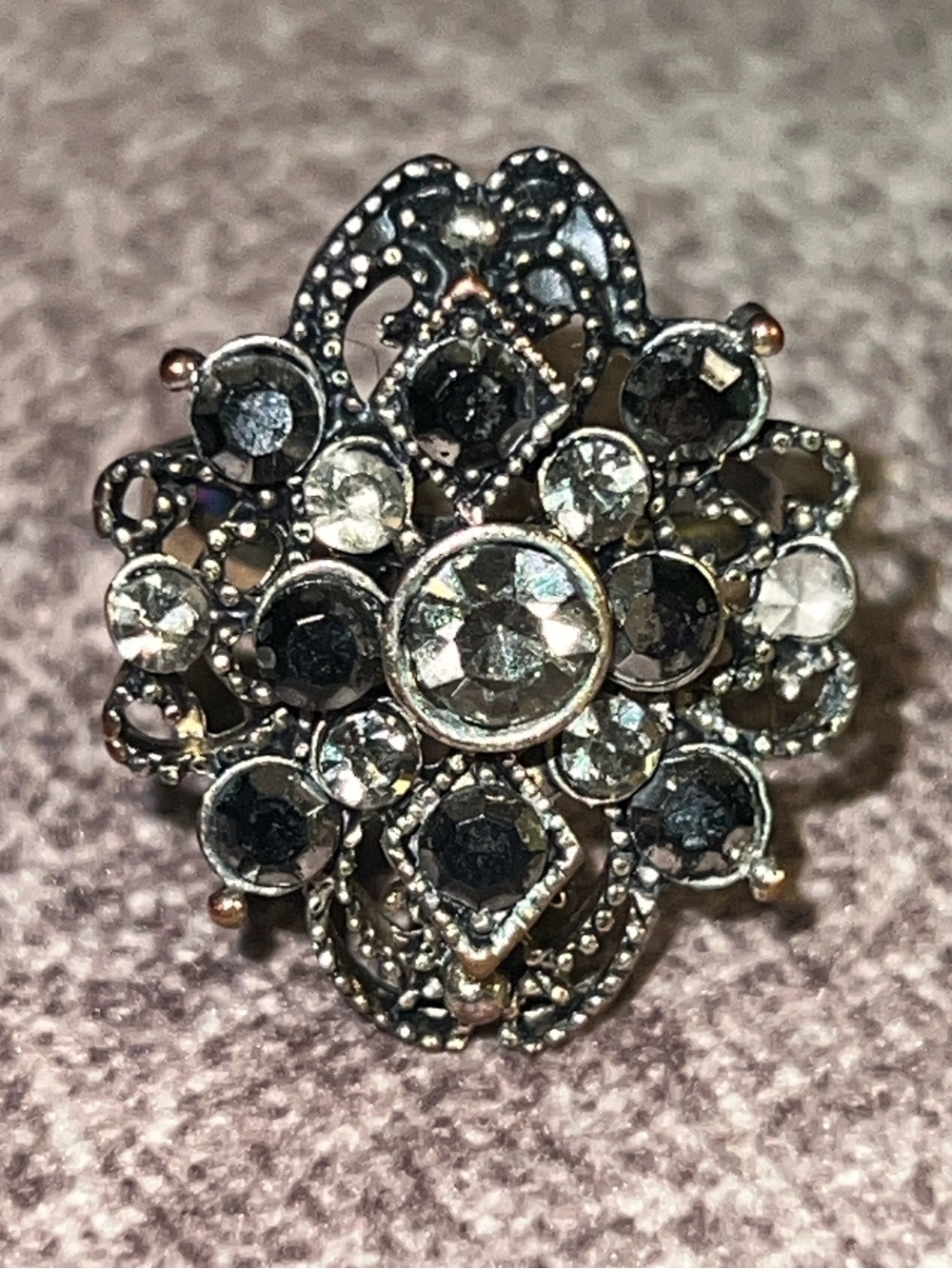 Vintage Black and Silver Crystal Filigree Ring